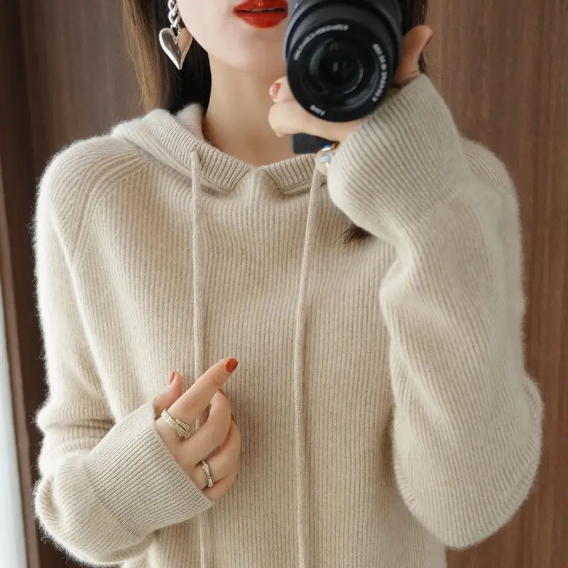 2023 Autumn Cashmere Hoodie Women Pullover Loose Short Hooded Wool Sweater Lazy Bottoming Cashmere Hoodie