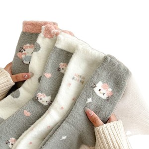 Women's Autumn Winter Fleece Lined Mid Calf <b>Socks</b> With Kitten Pattern Warm Thickened Floor <b>Socks</b> For Sleep And Home Use - Product Image 2