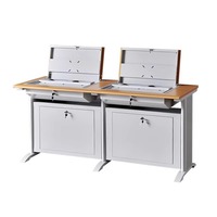 Bureau d'ordinateur commercial double en acier pour salle de classe et usage scolaire, design rabattable avec moniteur dissimulé, moderne et simple