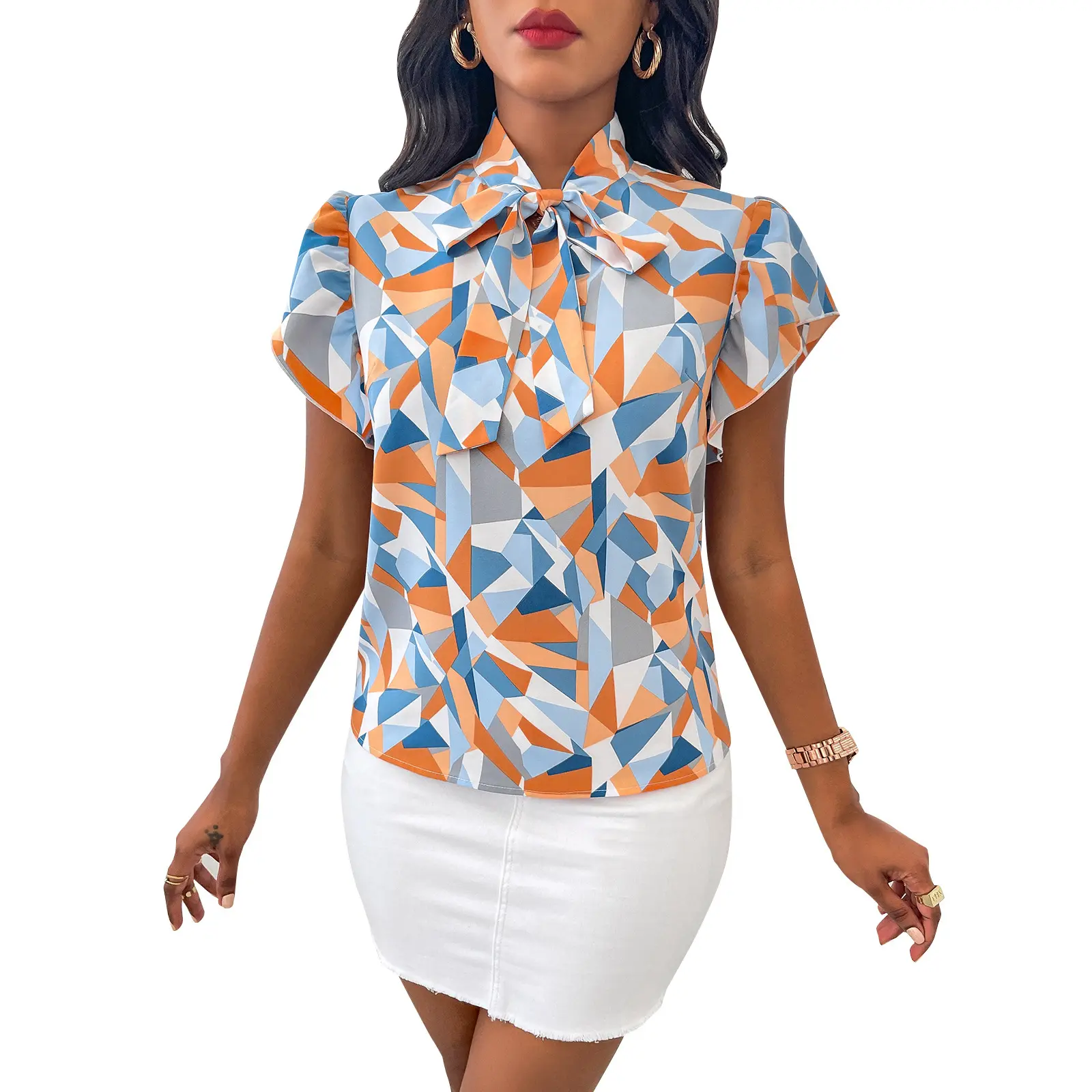 Vintage baskı yaz gömlek kısa kollu kadın şifon bluz kadın giysileri papyon Casual Tops