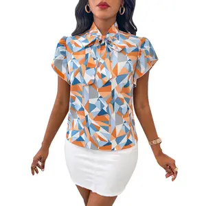 Vintage Print Summer Shirt Short Sleeve Women Chiffon Blouse Female Clothes Bow Tie Casual Tops