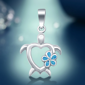 Collier pendentif en argent sterling 925 plaqué or et rhodium avec opale synthétique bleue Hawaïenne en forme de cœur de tortue, motif vie marine - Product Image 3