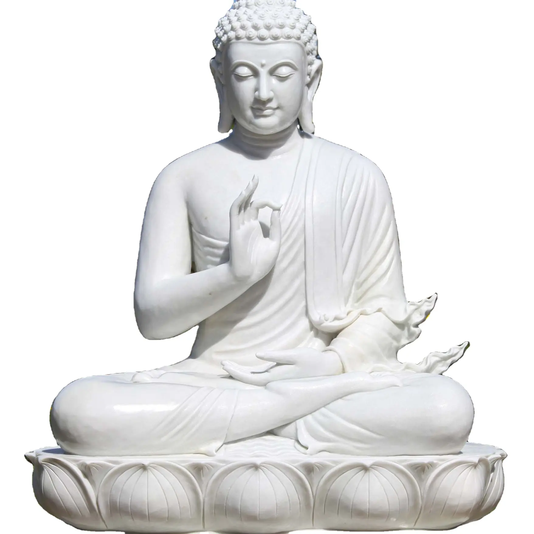 รูปปั้นพระพุทธรูปนั่งขนาดใหญ่รูปปั้นหินอ่อนสีขาวสอนพระพุทธรูปด้วยไฟที่สวยงามบนดอกบัว