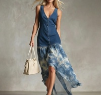 Robe trapèze élégante sans manches en jean, col en V, dos ouvert, couleur unie, nouvelle collection été 2026, style européen et américain