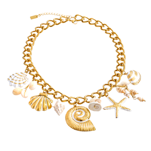 Collar de Lujo con Colgante Fino Marino de Acero Inoxidable Chapado en Oro de 18K con Dije de Concha Natural para Mujer, Joyería de Verano para Resort - Product Image 1