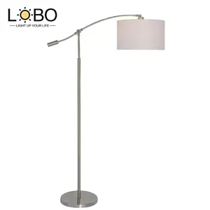 Ul Listed Hampton Inn Hotel 63.75 in Brushed Steel Adjustable Height Arc Light Bedside Floor Lamp with White Fabric Shade