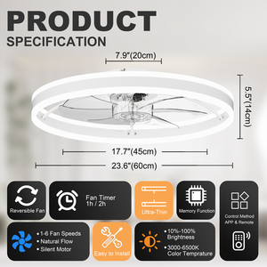 23.6 Inch Ceiling <b>Fan</b> with Light, Quiet DC Motor, Dimmable 3-Color Temperature 3000K-6500K, APP & <b>Remote</b> <b>Control</b>, With Timing - Product Image 6