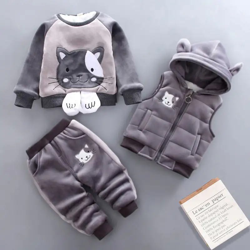 Boutique Clothing Cute Baby Kids 1-4 Years Old Winter Sports 3 pieces Clothing Sets Vest+Coat+Pants with Hoodie