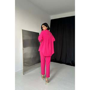 Conjunto de Camisa y Pantalones de Pana Fucsia para Mujer, Manga Larga, Estilo Casual - Product Image 1