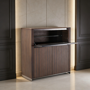 Buffet en placage de bois avec rangement dissimulé, structure en acier inoxydable, éclairage LED à détecteur de mouvement, armoire à vin en bois - Product Image 1