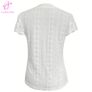 Loveda all'ingrosso estate nuovo arrivo donna tinta unita decorazione con bottoni in <span class=keywords><strong>pizzo</strong></span> con scollo a V cavo camicia a <span class=keywords><strong>maniche</strong></span> <span class=keywords><strong>corte</strong></span> - Product Image 3