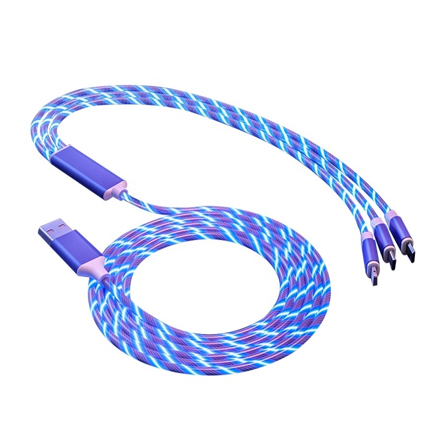 3 in 1 Luminous Led Flowing Mobile Phone Fast Charging Long Wire Cord Type-C Micro USB 8 Pin Data Transfer Charger Cable