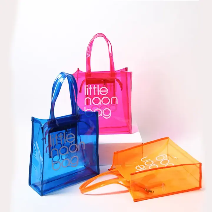 Özel Logo plastik şeffaf şeffaf su geçirmez PVC taşıma çantası alışveriş fermuarlı çanta ve cep