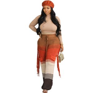 Pantalon décontracté pour femme en tricot color block avec franges crochetées à la main, coupe droite ample, tendance - Product Image 2