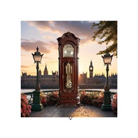 Horloge de grand-père de style antique, design campagnard français, mouvement mécanique Hermle, incrustations en bois massif et placage de bois de cerisier, verre biseauté