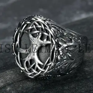 Mens Water Proof Stainless Steel Jewelry Viking Tree of Life Stainless Steel Ring Fashion Hip Hop Animal Simple Ring