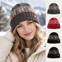 Bonnet en tricot à motif rétro Fair Isle, bord côtelé contrastant, en laine chaude pour l'hiver, idéal pour les voyages et les séances photo hivernales