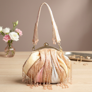 Handcrafted Soft <b>Beaded</b> Round Fabric Evening Clutch Bag with Tassel Fringe Shoulder Strap Polyester Lined Party <b>Purse</b> - Product Image 3