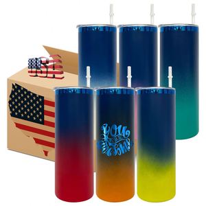 Gobelet isotherme droit et fin en acier inoxydable de 20 oz, bleu plaqué, avec couvercle, gravure laser, revêtement en poudre, dégradé ombré - Product Image 1