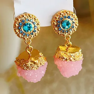 Kaimei Fashion Jewelry Medieval Vintage Rock Sugar Strawberry Cute Candy Pink Earrings Retro Druzy Stone Ball Vintage Earrings