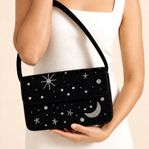 Handmade Black Saddle Shape <b>Handbag</b> Star Moon Embroidery Glass Beads Polyester Washable <b>Wedding</b> Party Application - Product Image 1