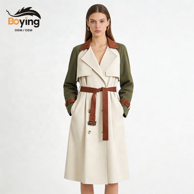 Custom OEM Women Trench Coat Color Block Long Belted Windbreaker Jacket Spring Autumn Outerwear Manufacturer
