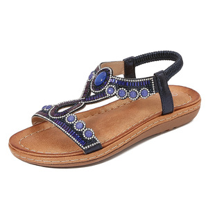 Turquoise Beaded Flat Sandals With Rhinestone Embellishment Open <b>Toe</b> Summer Women's Fashion Trend Strappy Design Wholesale - Product Image 3