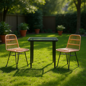 Set da pranzo da esterno con sedie in rattan e tavolo in vetro per uso in giardino, design contemporaneo, gambe affusolate, struttura in acciaio resistente - Product Image 2