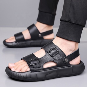 Sandales pour hommes en cuir véritable à motif léopard, à bout ouvert, avec boucle, confortables, antidérapantes, pour l'été, décontractées, semelle en caoutchouc, pour l'extérieur - Product Image 3