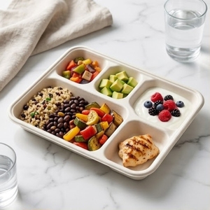 Assiette en bagasse écologique à 5 compartiments, barquette alimentaire jetable durable, compostable, compatible micro-ondes, sans plastique, pour la rentrée scolaire - Product Image 2