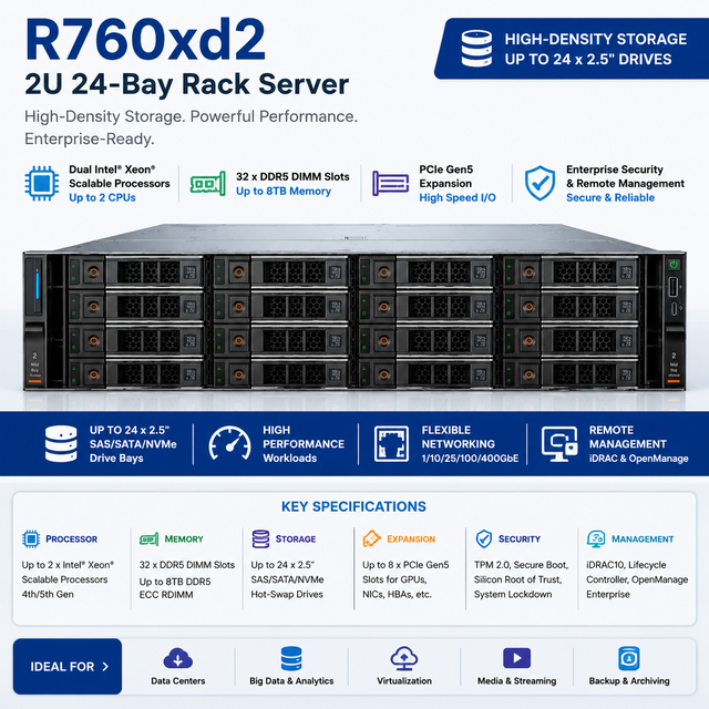 R760xd2 2U Rack Server Intel Xeon Dual CPU DDR5 ECC RDIMM High Capacity Storage NVMe AI Data Center Enterprise Server in Stock