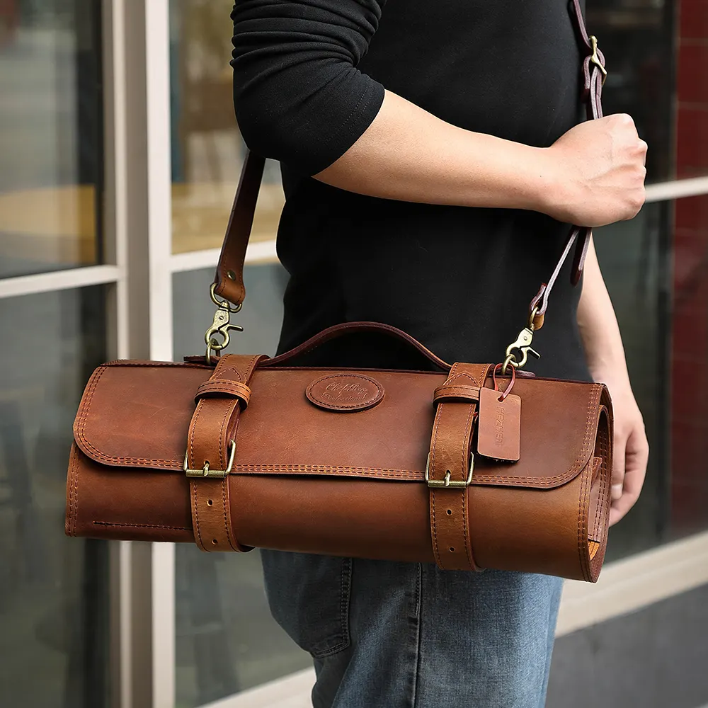 Gerçek deri sırt çantaları kahverengi şef bıçağı rulo çanta taşınabilir çanta özel hediye kutusu
