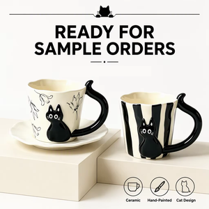 Ensemble tasse et soucoupe à café en céramique 3D en relief motif <span class=keywords><strong>chat</strong></span>, bord ondulé festonné, motif floral, écologique, poignée incurvée brillante, pour café - Product Image 6