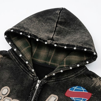 Sudaderas con cremallera de pedrería OEM Streetwear Personalizadas Vintage Y2K Ropa Bordado Desgastado Sudaderas para Hombre Oversize de Gran Gramaje