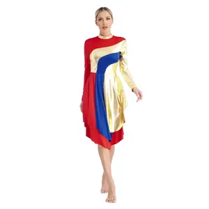 Vestidos de dança litúrgica feminina para adorar, roupas de manga comprida para dança cristã, cor contrastante, retalhos