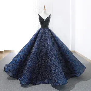 Ready to Ship Shining Sequin Embroidery Sleeveless Navy Puffy Ball Gown Prom Dress 2022