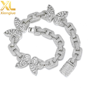<b>Iced</b> <b>Out</b> Unisex Hip Hop Baguette <b>Chain</b> Jewelry 15mm Miami Cuban Link Pig-Nose Butterfly Shape Necklace Light Zircon Charm - Product Image 1