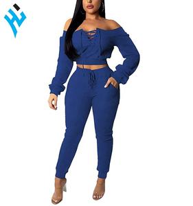 Venta caliente de alta calidad de las mujeres de invierno de cuello redondo de cultivos y Causal pantalones traje de sudor conjunto de moda último diseño chándal - Product Image 2