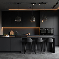 Meubles de cuisine noirs de luxe personnalisables, ensemble complet laqué, armoires de cuisine modulaires au design moderne, évier intégré facile à installer