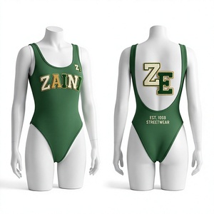 Maillot de bain une pièce pour femme en nylon et élasthanne côtelé premium 220 GSM vert avec logo appliqué personnalisé et dos ouvert - Product Image 1