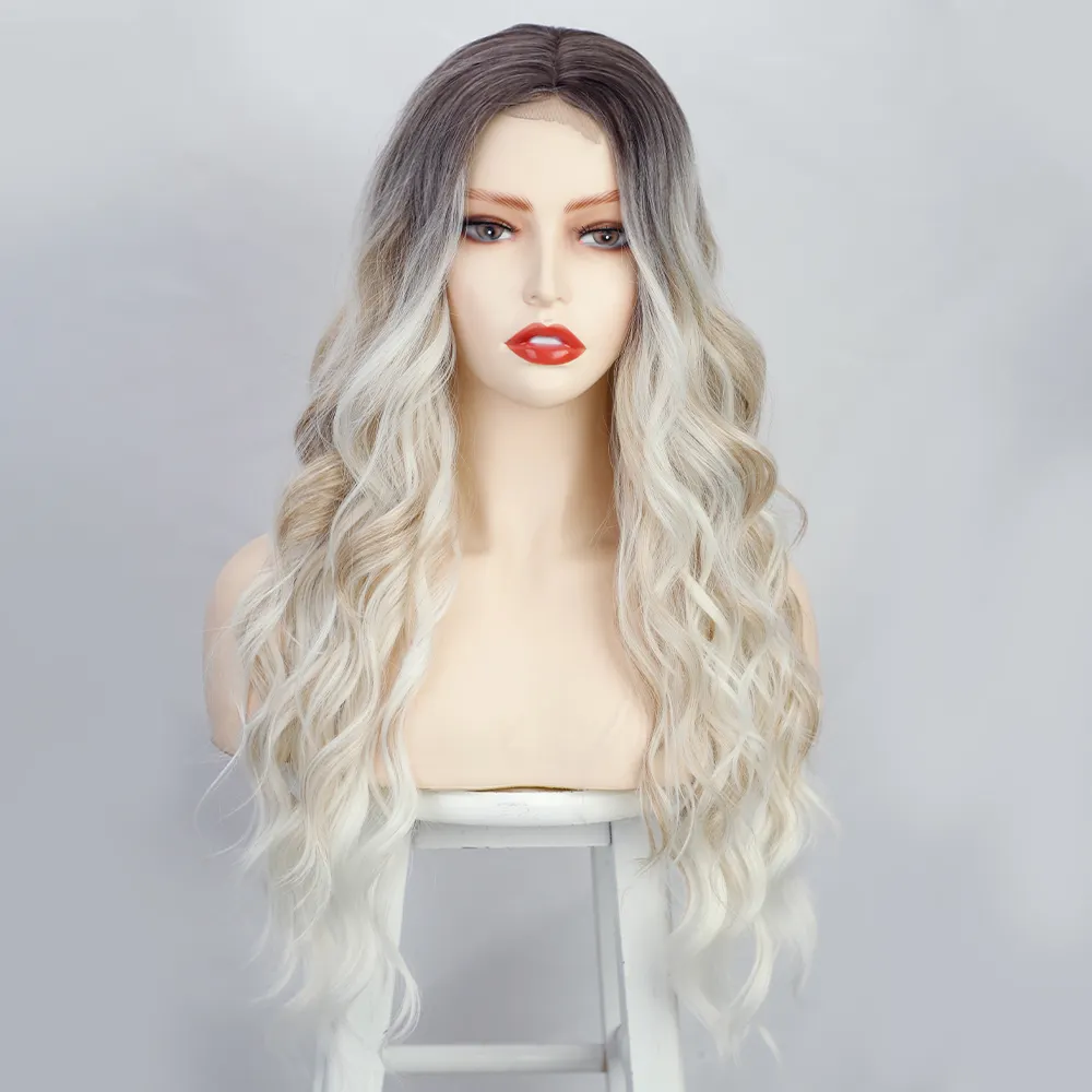 Ombre Brown Light Blonde Platinum Long Wavy Middle Part Hair Wig Cosplay Natural Heat Resistant Synthetic Wig for Black Women