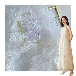 White Transparent Rose Peony 3D Digital Printing Stereoscopic Embroidery Fabric Bridal Dress Fabric