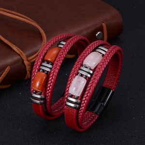 <b>Red</b> Leather <b>Bracelet</b> With Natural Stone Beads Multi Layer Unisex Jewelry Gift 7.5 8.5 9 Inches Yiwu Origin - Product Image 2