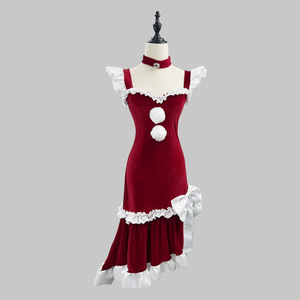 Women Christmas Dress Plus Size Bodycon Velvet Maid Costume Red With Hat And Gloves - Product Image 2