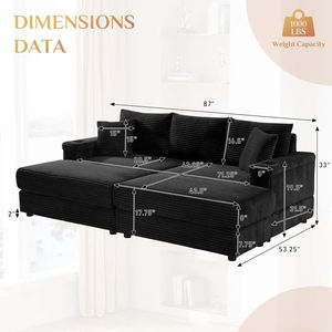 Sofá Reclinable de 2 Plazas en Corduroy Negro con Dos Reposapiés, Cojines, Portavasos y Cargador USB para Uso en el Hogar - Product Image 6