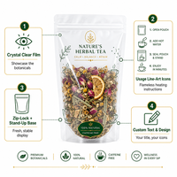 Sachet transparent refermable avec fermeture éclair pour emballage de thé en vrac, thé aux fleurs, qualité alimentaire, impression personnalisée