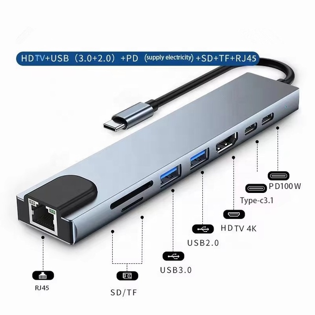 High Quality 8-in-1 USB C Hub Adapter Type C Hub Ethernet RJ45 SD TF USB3.0 4K HDTV 100w PD Charging Docking Station