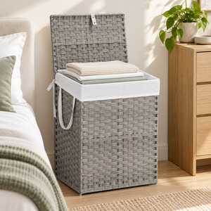 Cesto de Ropa Rectangular Grande de Bambú Ecológico Moderno al por Mayor con Marco de Aluminio y Bolsillos Laterales de Malla - Product Image 5