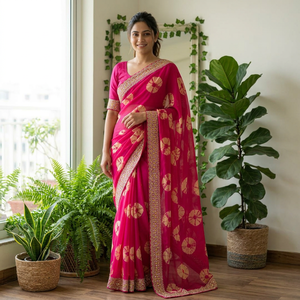 Sari en soie rose élégant avec bordure brodée dorée, tenue de mariage traditionnelle pour femme, longueur au sol, coupe classique - Product Image 1