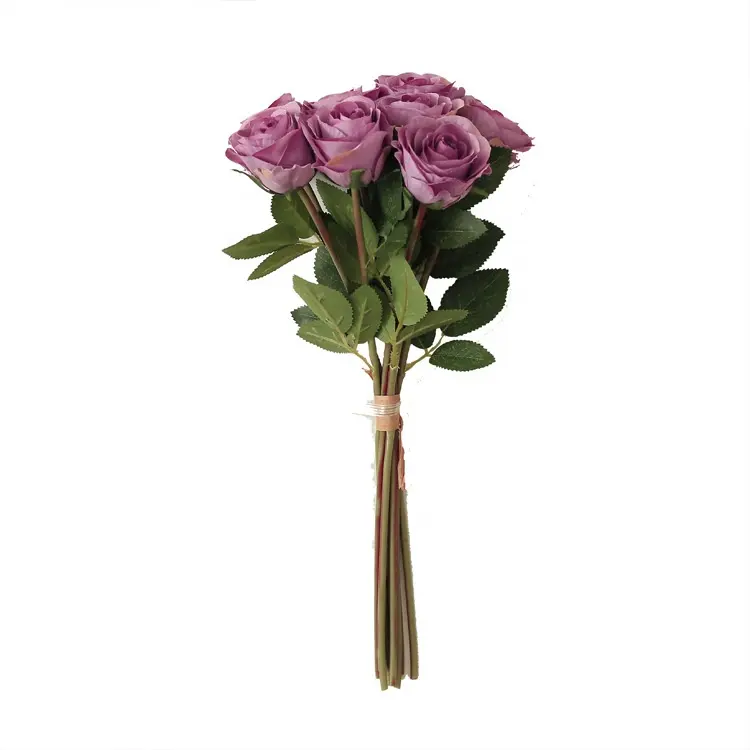 FCR012 Bunga Mawar Buatan, Bunga Mawar Sutra Merah dengan Tangkai Buket Bunga untuk Pesta Pernikahan Dekorasi Rumah 7 Buah